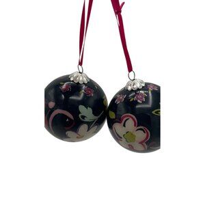 Vera Bradley Ornaments Christmas Set Of 2 Floral Pink Ribbon 2012 w/Gift Boxes
